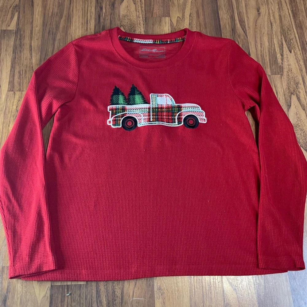 Eddie Bauer Christmas Pajama Top Womens Small Red Waffle Knit Plaid Truck Shirt